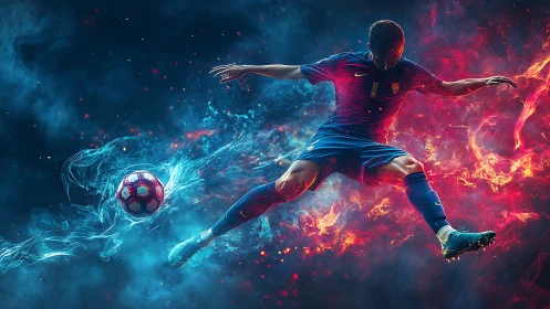 Dynamic soccer kick framed by dual-color energy particle trails