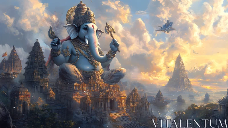 Skyborne elephant deity reclines above a sunlit temple realm