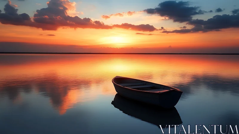 Solitary rowboat on still water under high-saturation sunset gradient