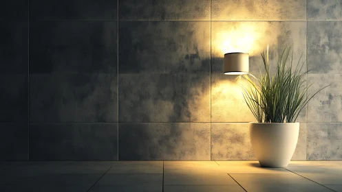 Minimalist wall lamp casts warm light on modern potted plant