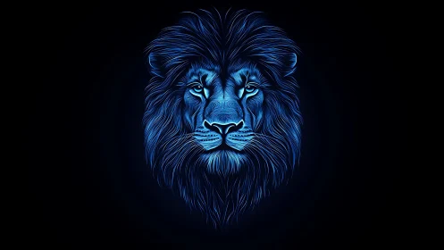 Neon blue lion head illustration on dark black background.