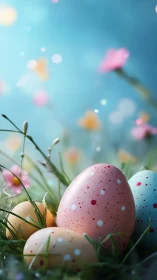 Polka dot Easter eggs nestled in soft-focus spring meadow.