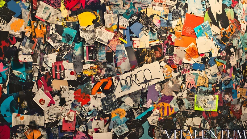Layered urban collage wall with chaotic mixed-media composition.
