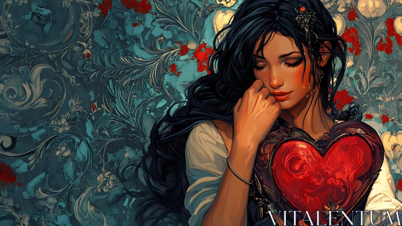 Melancholic woman embracing baroque heart reliquary emblem.