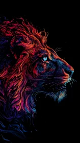 Neon mane ascends as a cosmic lion stares through darkness.