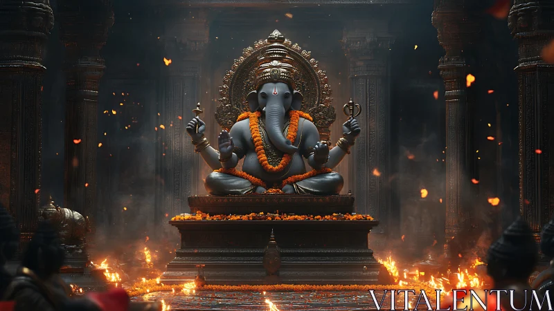 Cinematic 3D render of Ganesha shrine with dynamic firelit ambiance.