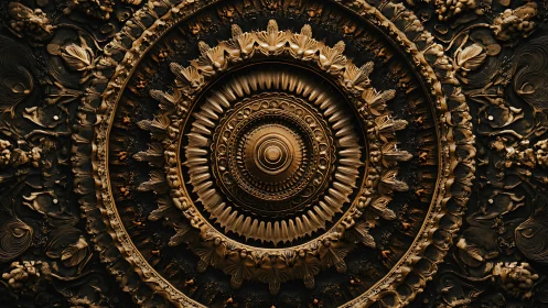 Ornate circular ceiling medallion shows layered radial carvings
