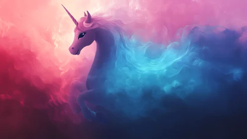 Unicorn silhouette floats through pink and blue digital clouds