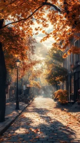Sunlit cobblestone street passes under dense autumn foliage