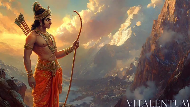 Warrior archer stands on cliff above vast mountain valley