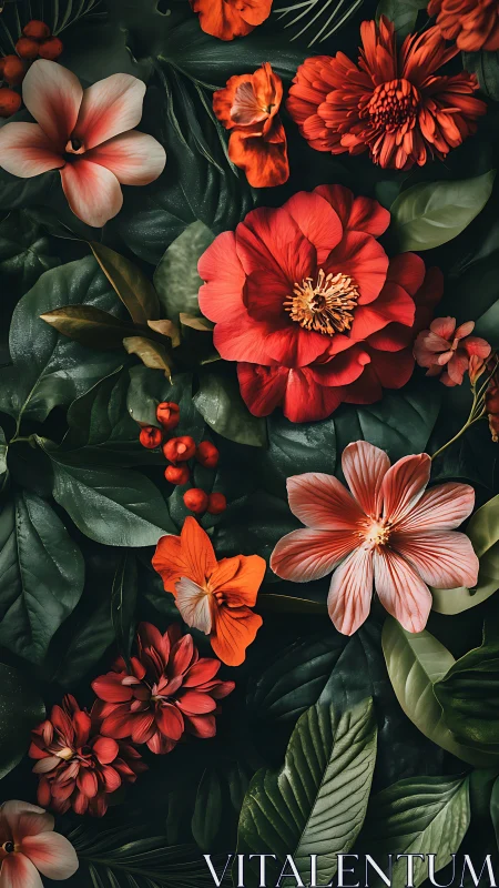 Red and pink garden flowers with green foliage arranged overhead.