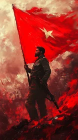 Digital painting of militant standard-bearer with red banner.