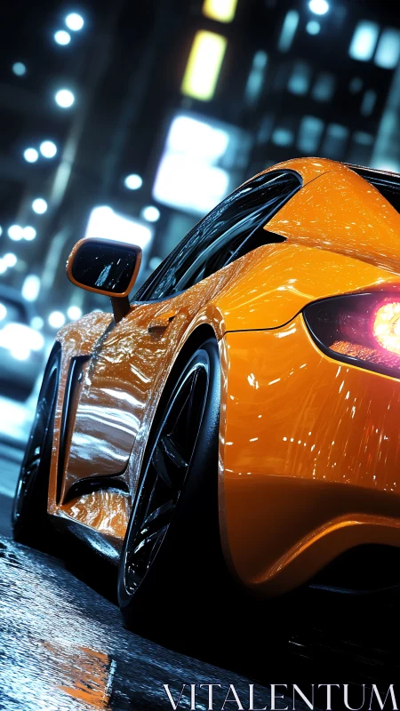Orange sports car on wet city street at night scene.
