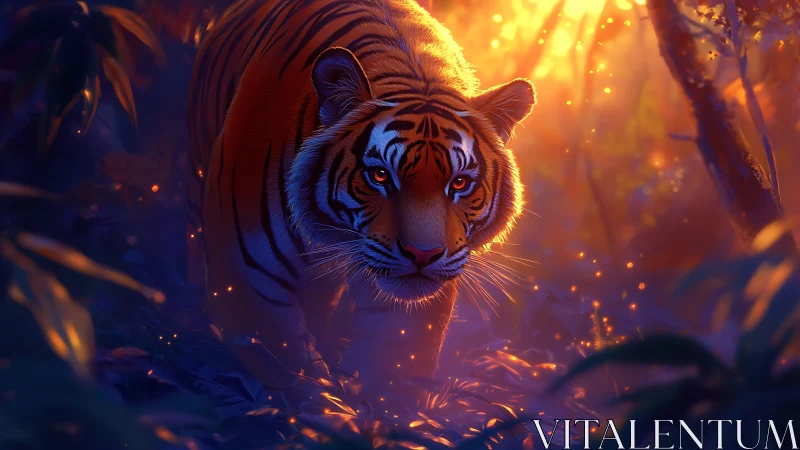 Ember eyed tiger prowling through twilight ember jungle.