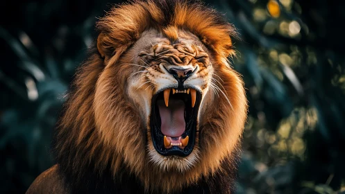 Male lion mid-roar with open jaws and extended mane.