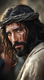 Photorealistic solemn portrait with crown of thorns detail.