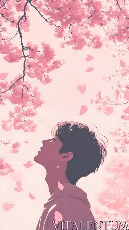 Side profile silhouette under drifting pink cherry blossoms