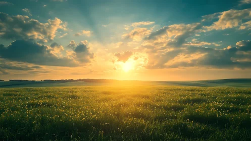 Sunlit meadow sunrise over wide green field horizon.