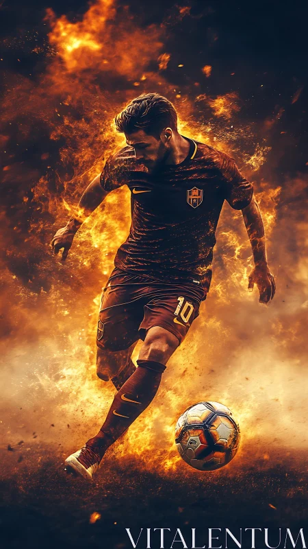 Digital render shows soccer player dribbling amid stylized fire