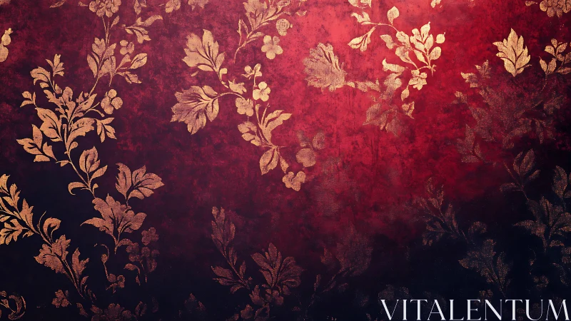 Rich red floral wallpaper with softly glowing golden vines.