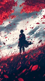 Silhouetted wanderer beneath crimson leaves in stormy wind.