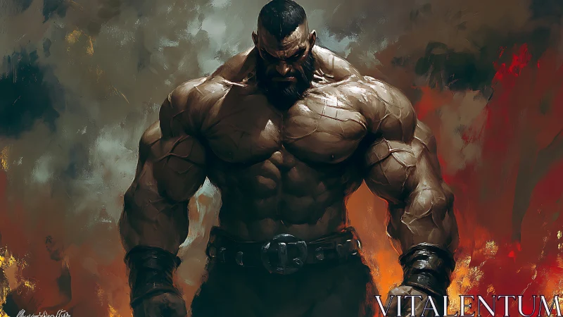 Muscular warrior stands against firelit storm backdrop