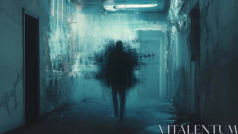 Shadow figure dissolves inside decayed neon hallway.