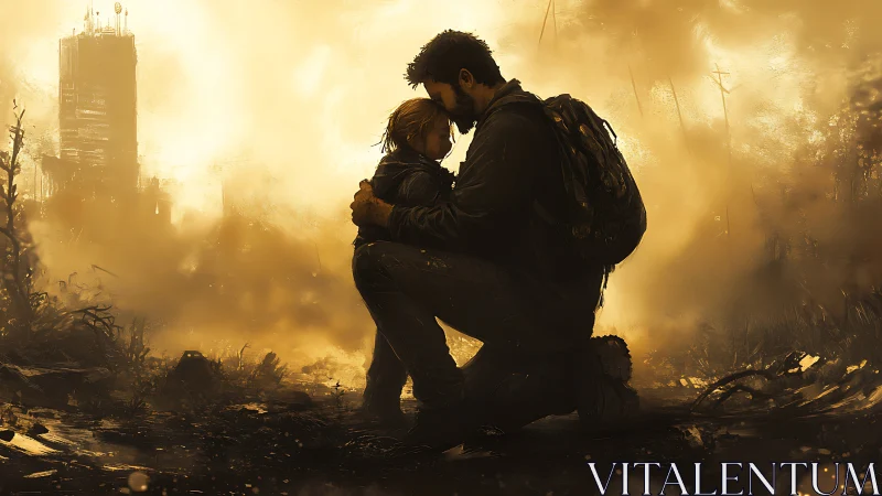 Kneeling guardian cradles child in ember-tinted wasteland.