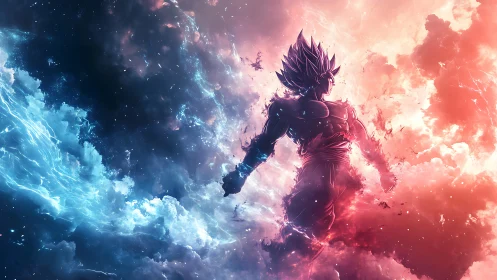 Celestial energy warrior silhouette in dual-color nebula storm