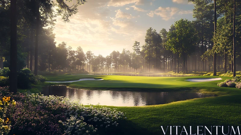 Sunlit fairway lagoon cradled by whispering pines and mist.