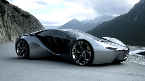 Futuristic silver concept car integrates fluid aerodynamics on alpine road