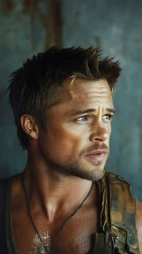 Close-up portrait of rugged man in worn leather vest.