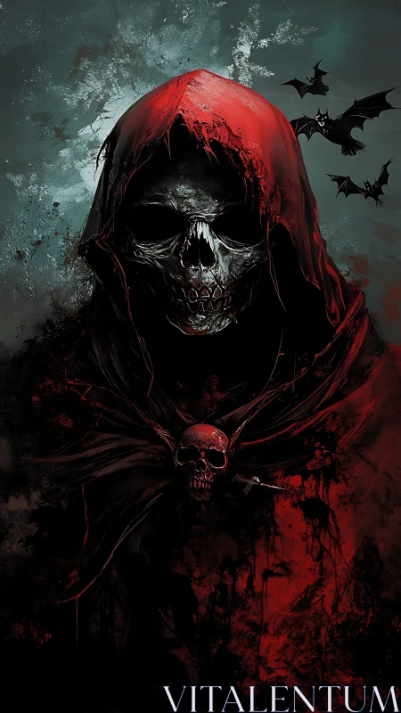 Hooded skeletal wraith in red cloak with atmospheric bats revealed.