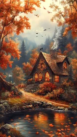 Autumn woodland cottage with illuminated windows beside reflective pond