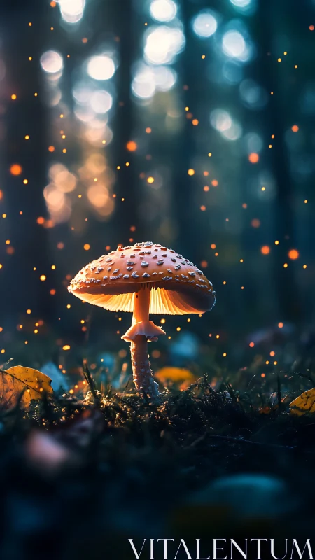 Backlit forest mushroom rendered with shallow depth and bokeh glow