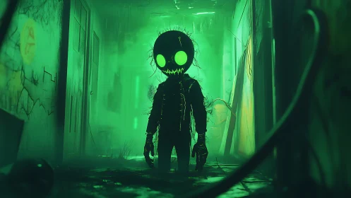 Glowing-eyed humanoid silhouette in green industrial corridor.