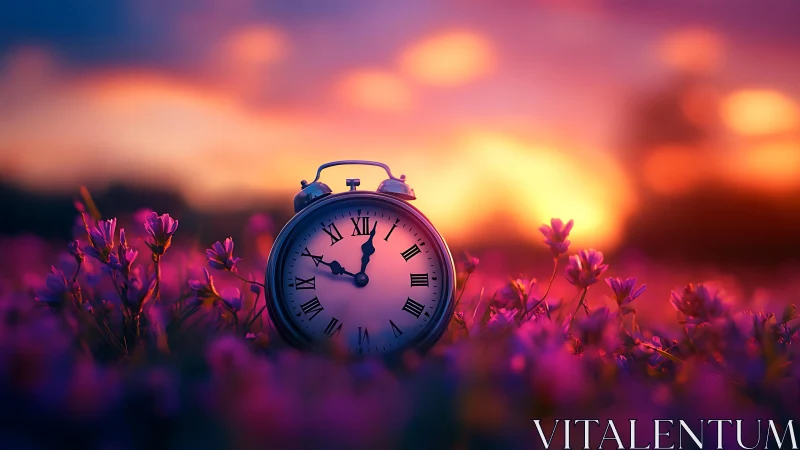 Quiet vintage alarm clock rests in dreamy sunset meadow