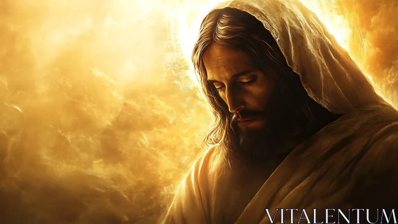 Hooded holy figure bathed in radiant golden atmospheric light