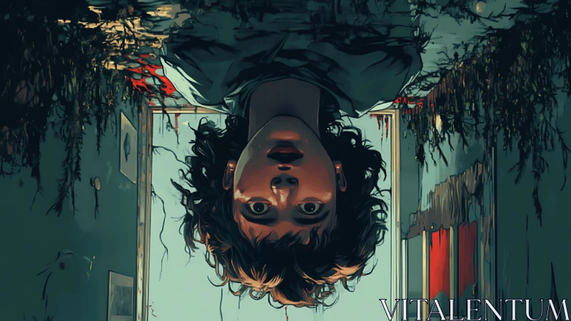 Inverted digital portrait captures suspended, cinematic dread