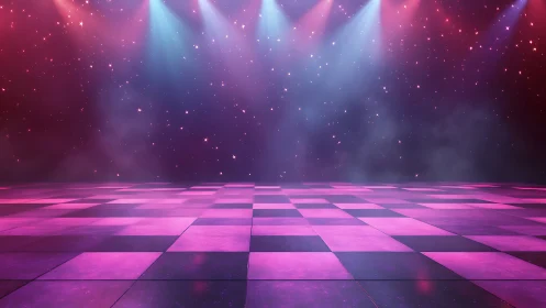 Empty illuminated stage over pink checkered floor background.