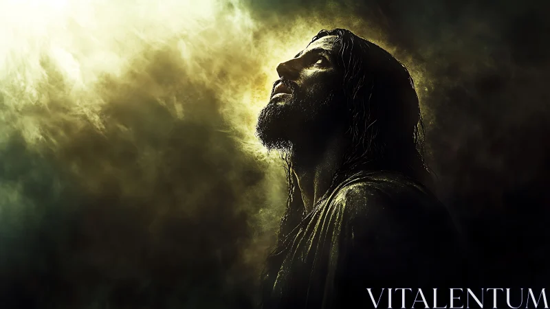 Dramatic side-lit figure gazing upward in luminous mist.