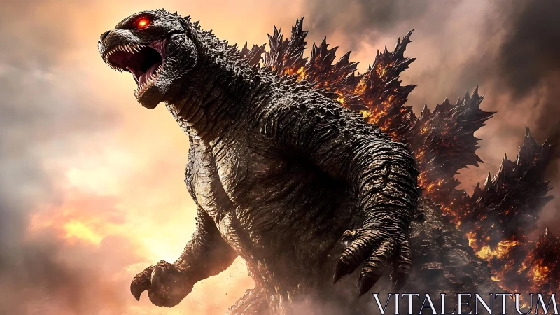 Molten-eyed kaiju roaring through a storm of burning dusk.