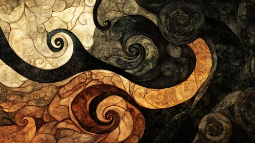 Fractal vortex scrollwork with layered sepia tonal dynamics.