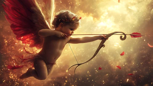 Winged cherub archer drawing ornate bow in golden light.