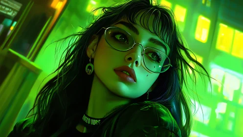 Neon lit portrait of young woman with glasses at night.