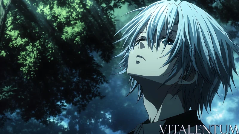 Quiet silver haired anime teen pauses in a dreamy forest light