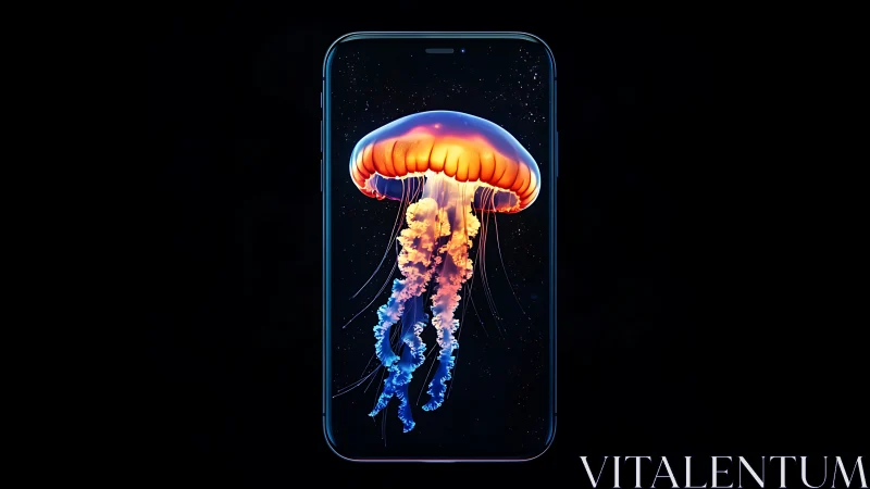 Photorealistic neon jellyfish display within smartphone frame.