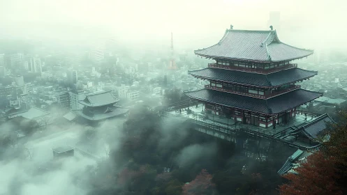 Tiered pagoda structure stands above dense urban fog layer