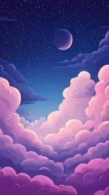 Dreamy crescent moon rising over soft pink twilight clouds.