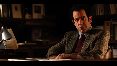 Middle aged man seated at desk in dim office interior.